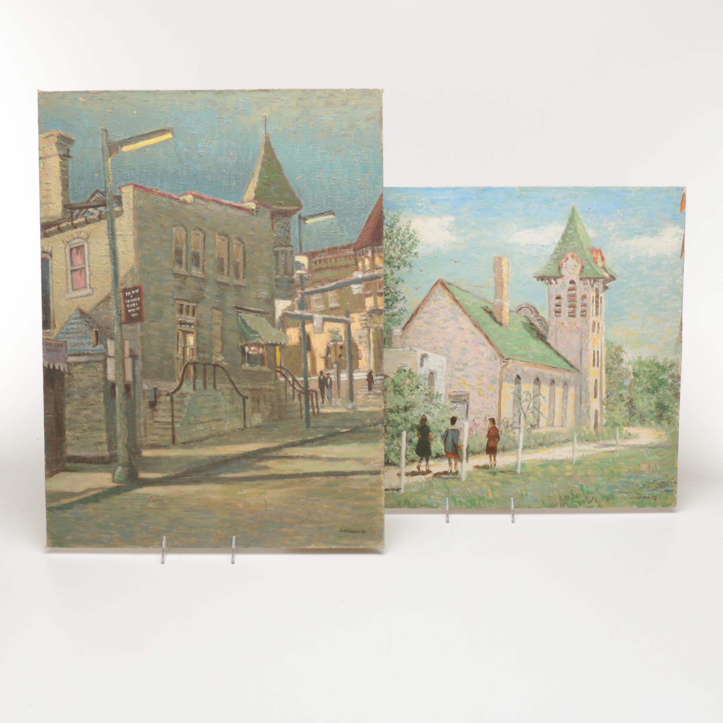 Pair of Lahmann  Oil Paintings on Board of Urban Scenes
