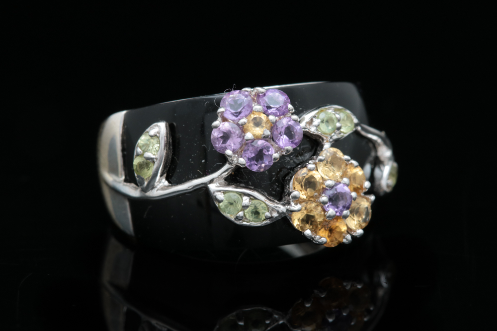 Sterling Silver, Amethyst, Citrine and Peridot Flower Ring