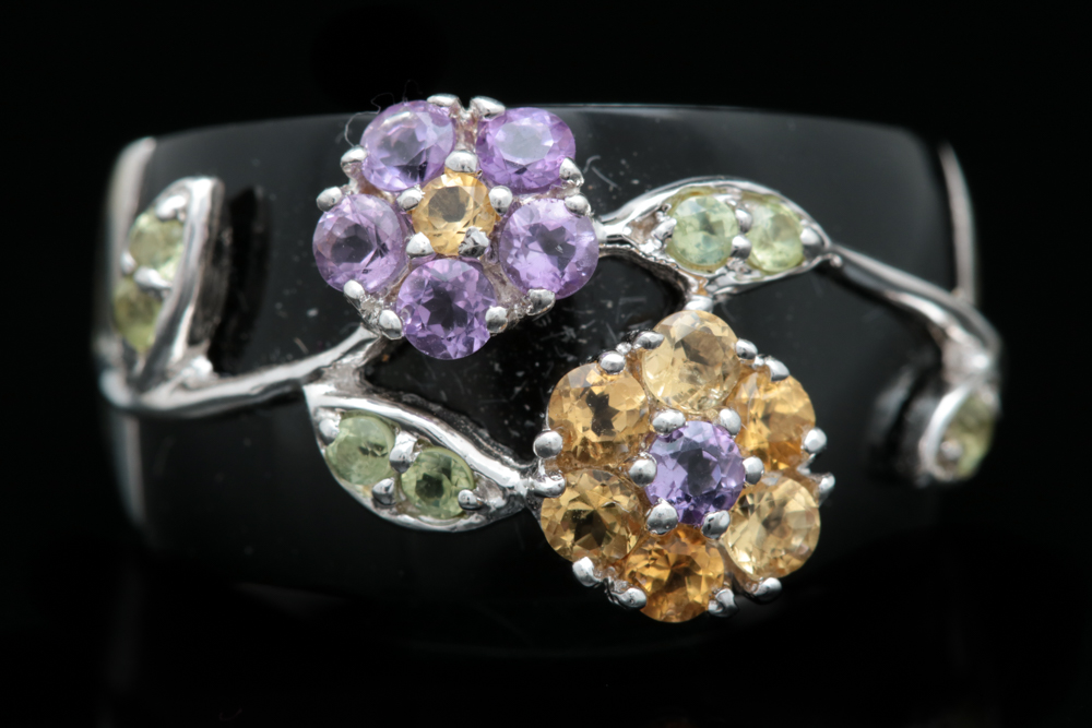 Sterling Silver, Amethyst, Citrine and Peridot Flower Ring