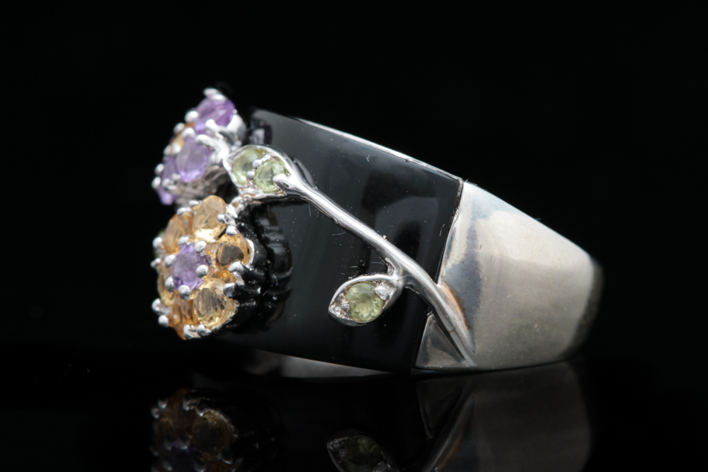 Sterling Silver, Amethyst, Citrine and Peridot Flower Ring