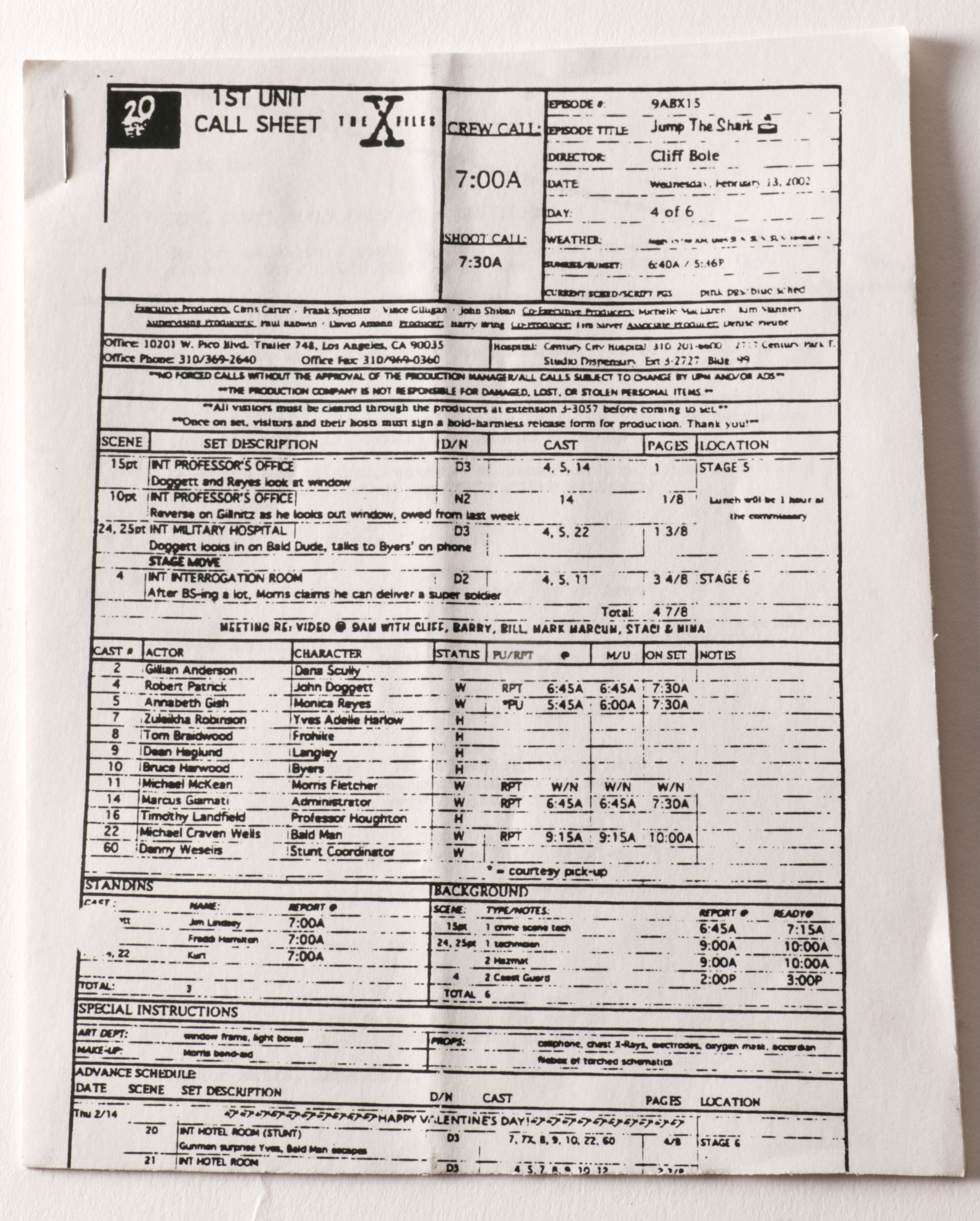 "The X-Files" Season 9 Shooting Schedules, Call Sheets and Location Scouting Photos