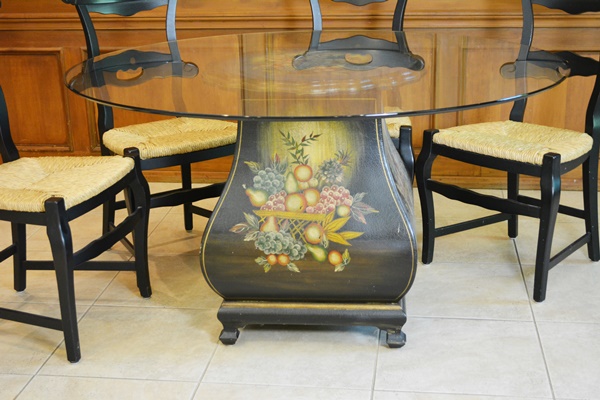 Glass Top Dining Room Table and Four Arhaus Rush Seat Chairs