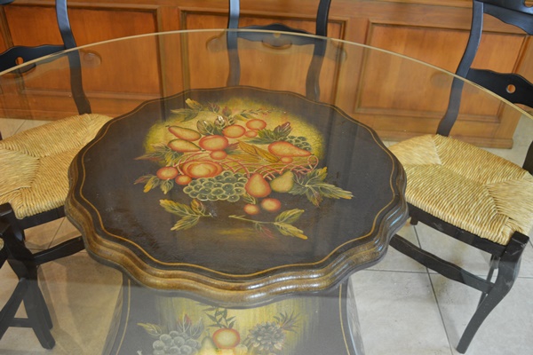 Glass Top Dining Room Table and Four Arhaus Rush Seat Chairs