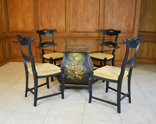 Glass Top Dining Room Table and Four Arhaus Rush Seat Chairs