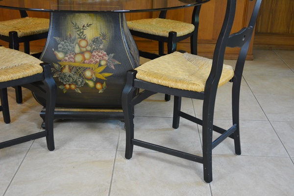 Glass Top Dining Room Table and Four Arhaus Rush Seat Chairs