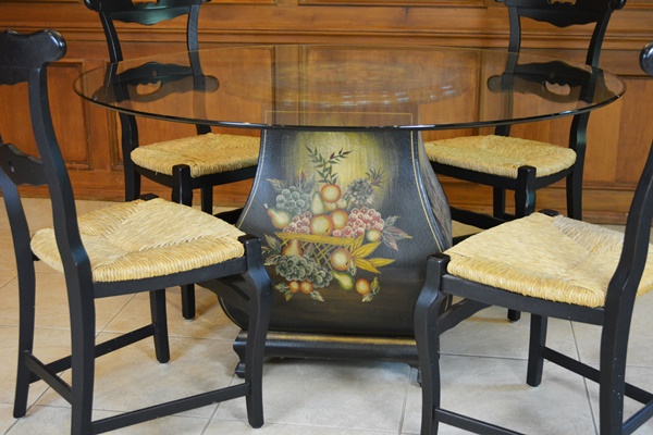 Glass Top Dining Room Table and Four Arhaus Rush Seat Chairs