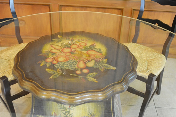 Glass Top Dining Room Table and Four Arhaus Rush Seat Chairs