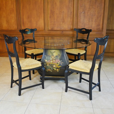 Glass Top Dining Room Table and Four Arhaus Rush Seat Chairs