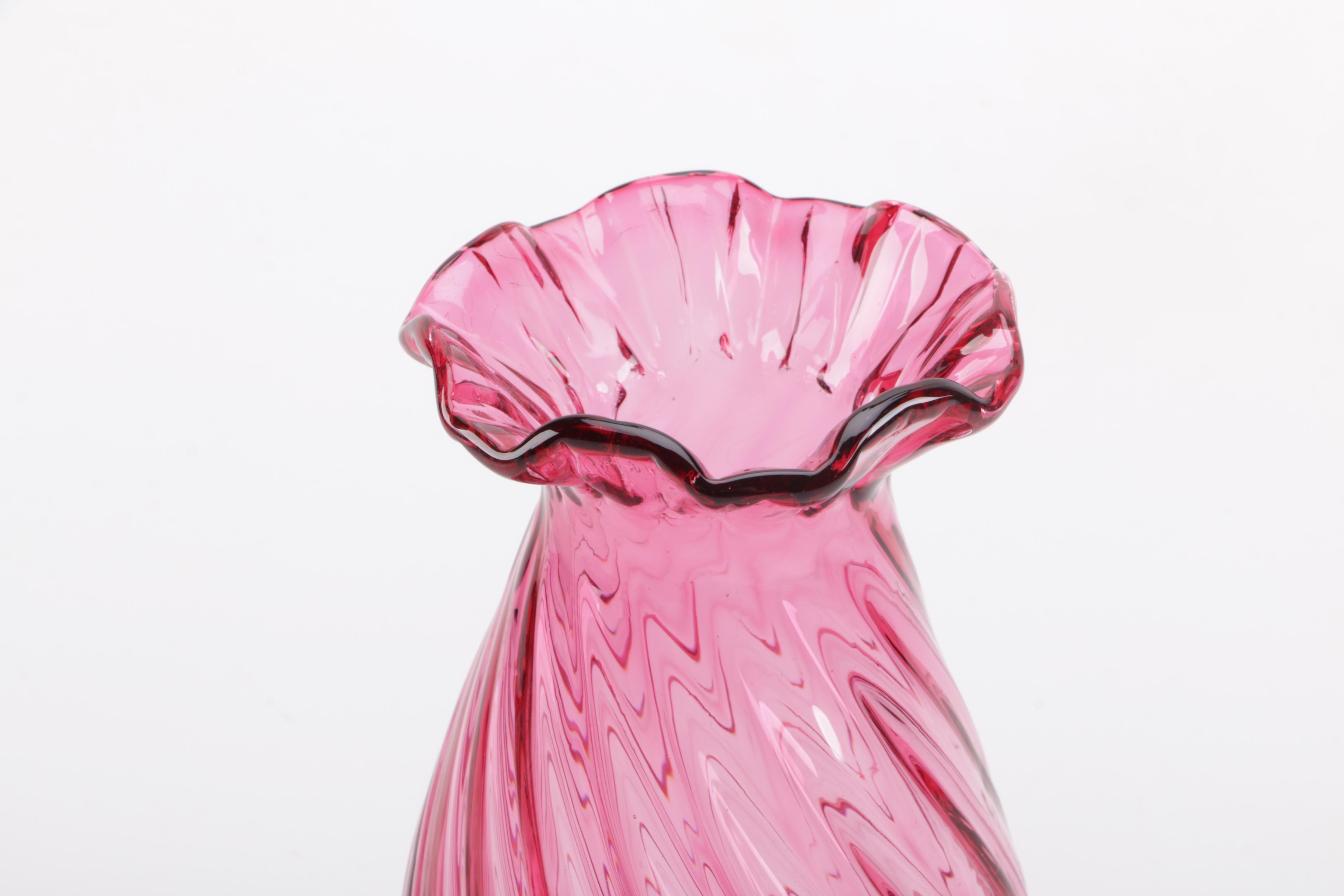 Fenton "Thumbprint" Cranberry Glass Pitcher and Glass Vase