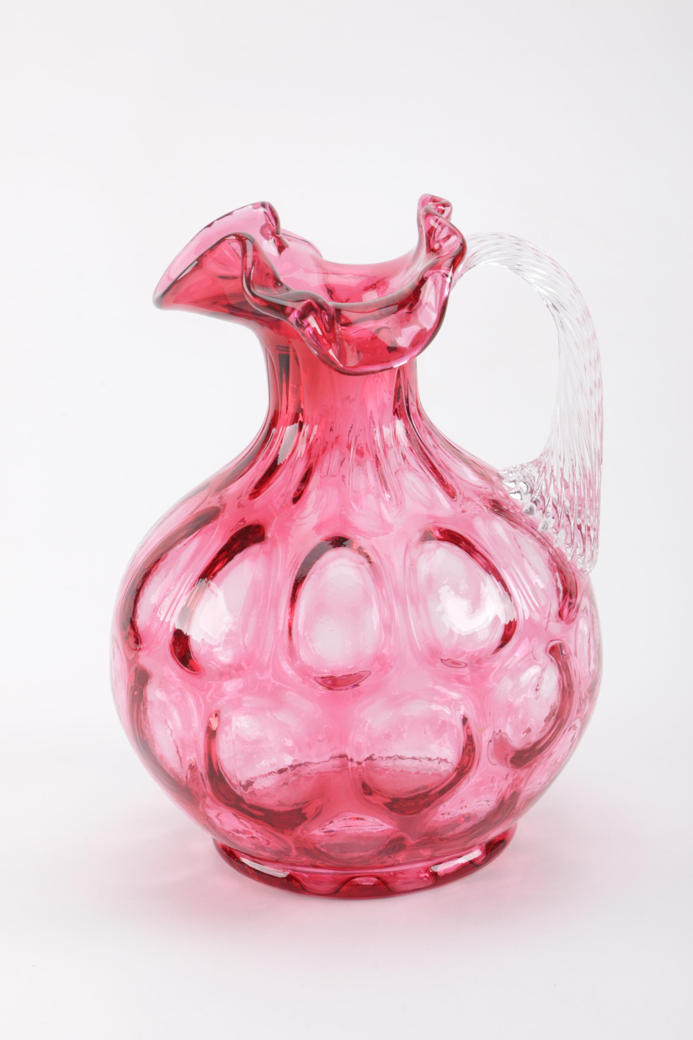 Fenton "Thumbprint" Cranberry Glass Pitcher and Glass Vase