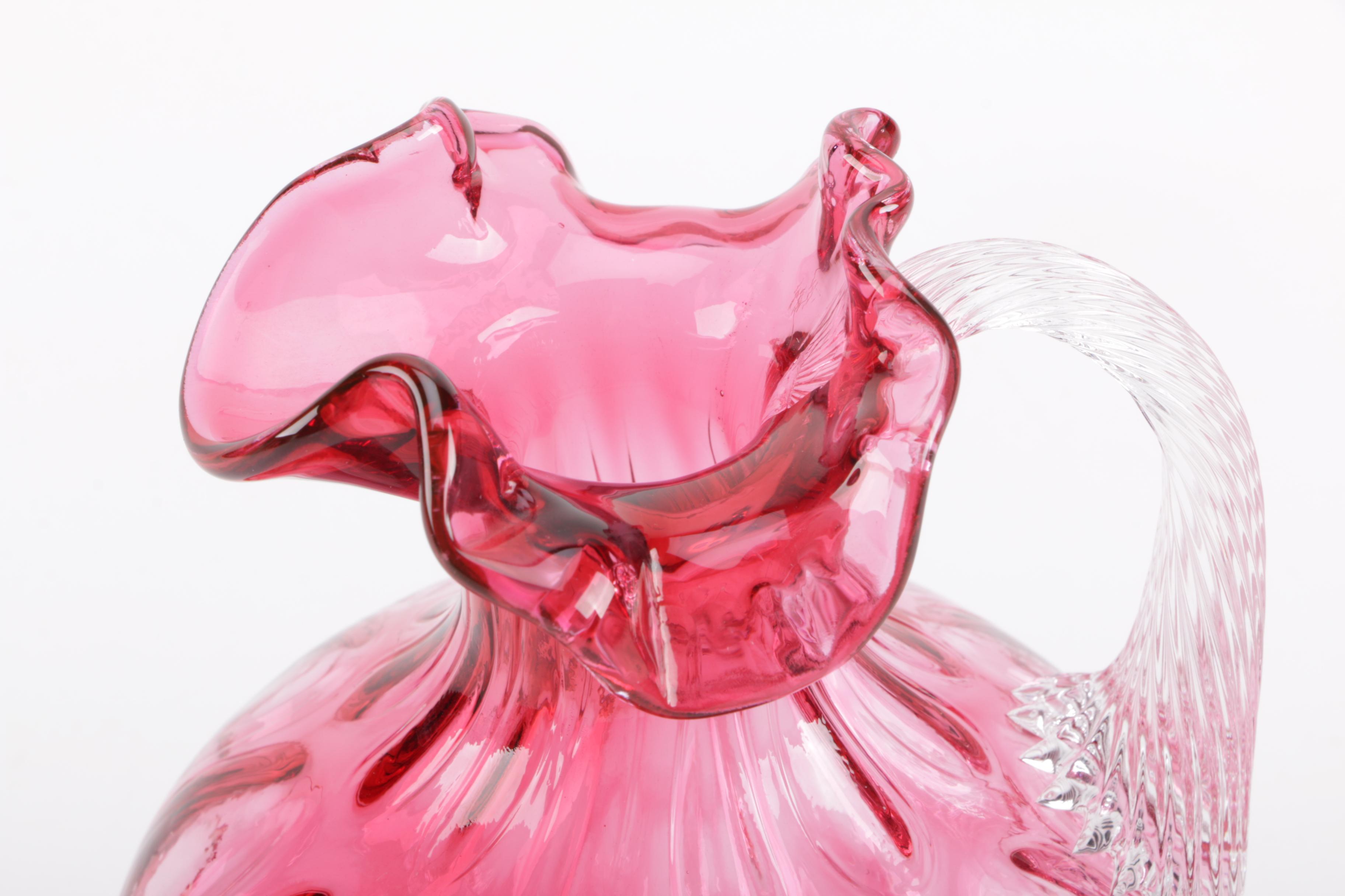 Fenton "Thumbprint" Cranberry Glass Pitcher and Glass Vase