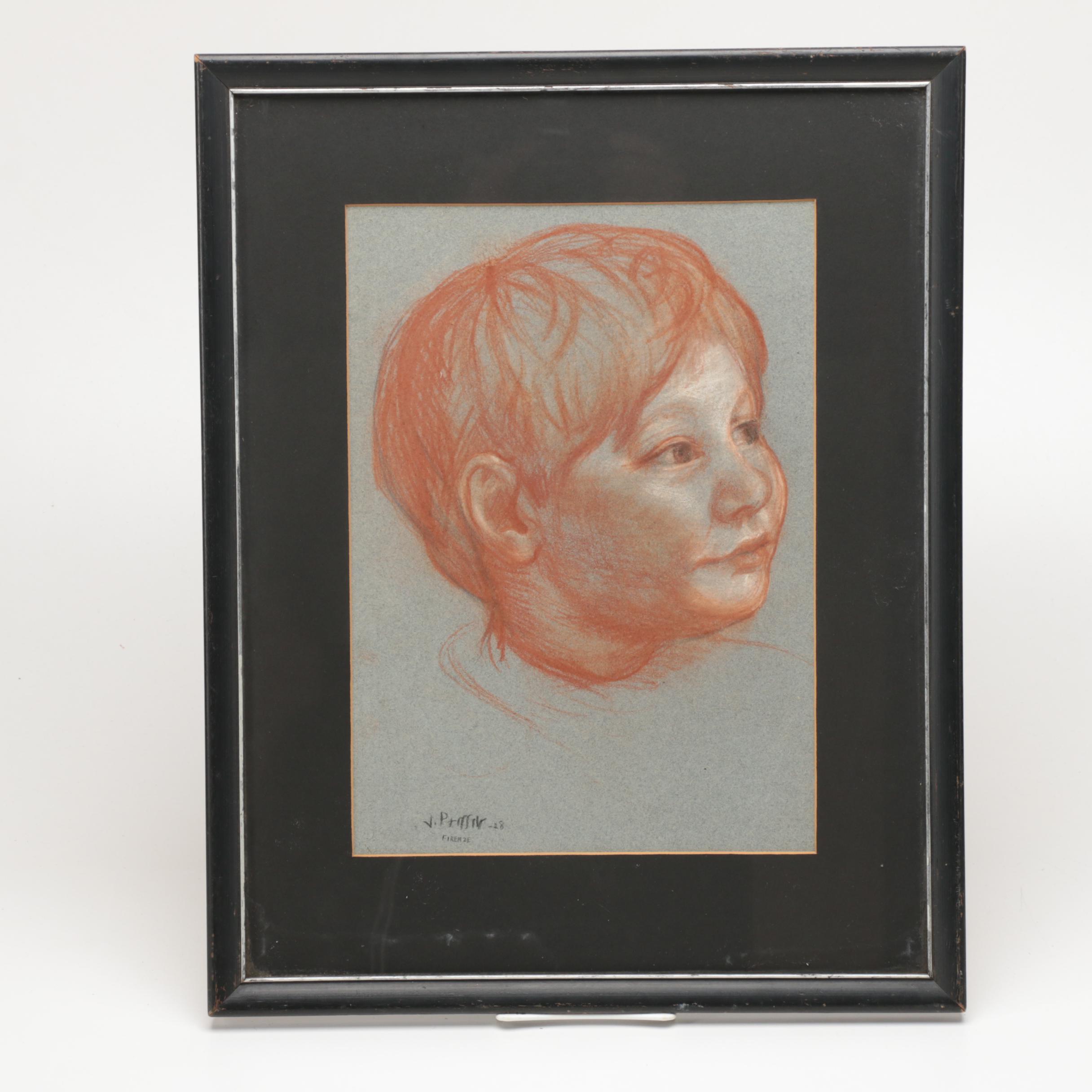 1928 Conte Crayon Portrait of a Young Boy