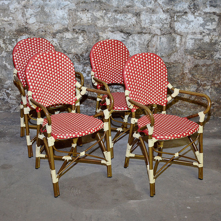 Red and White Woven Rattan Chairs