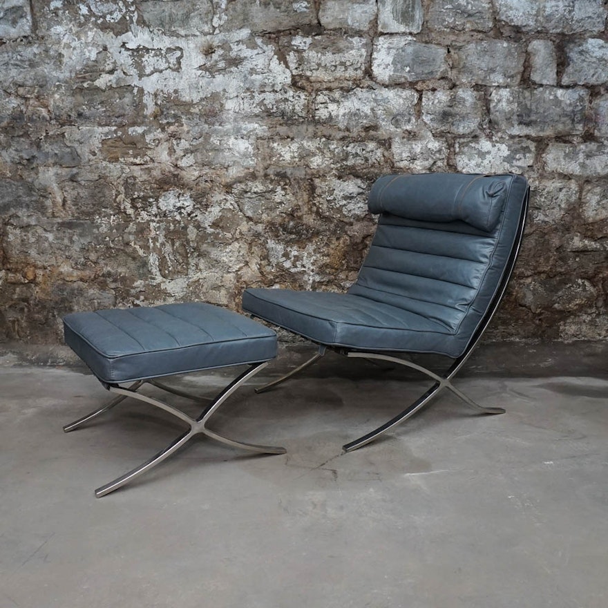 Blue Full Grain Leather Barcelona Style Chair With Ottoman