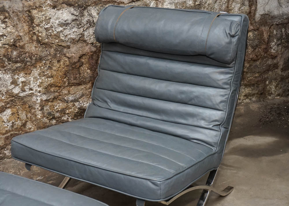 Blue Full Grain Leather Barcelona Style Chair With Ottoman