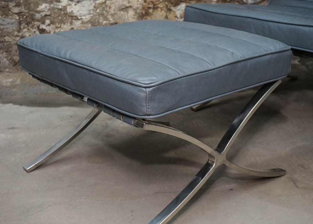 Blue Full Grain Leather Barcelona Style Chair With Ottoman