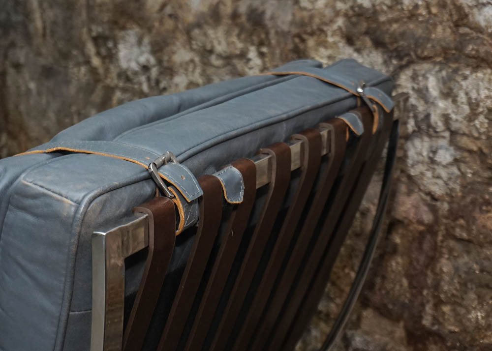 Blue Full Grain Leather Barcelona Style Chair With Ottoman