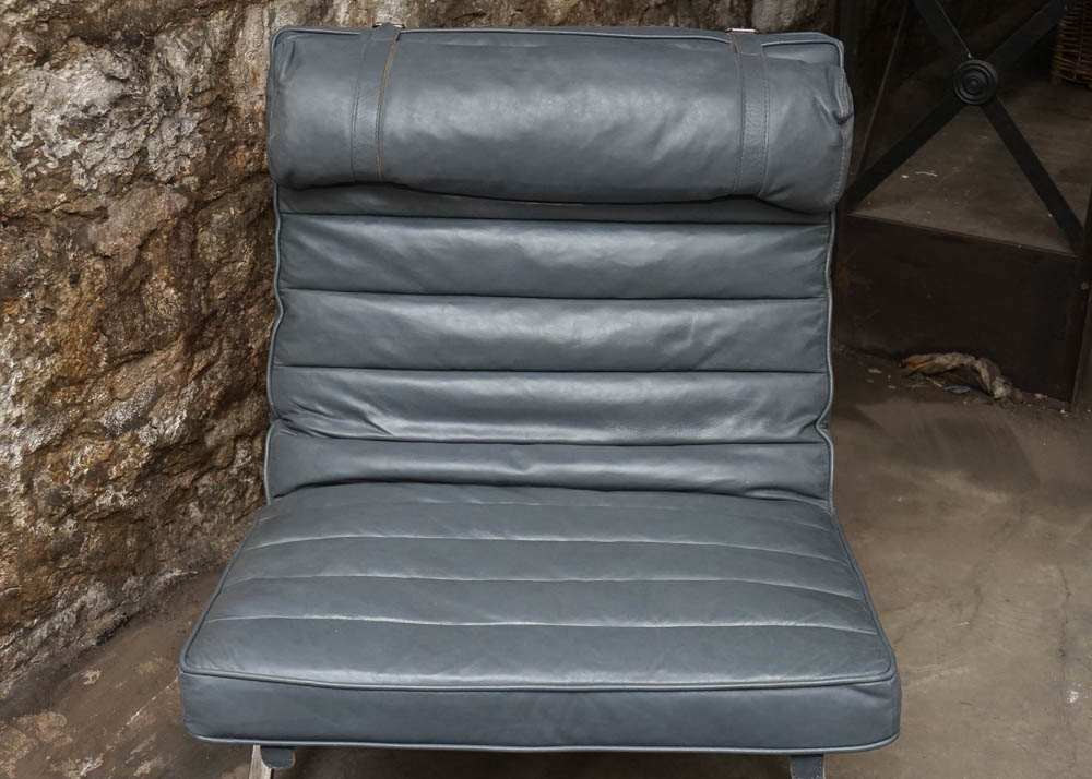 Blue Full Grain Leather Barcelona Style Chair With Ottoman
