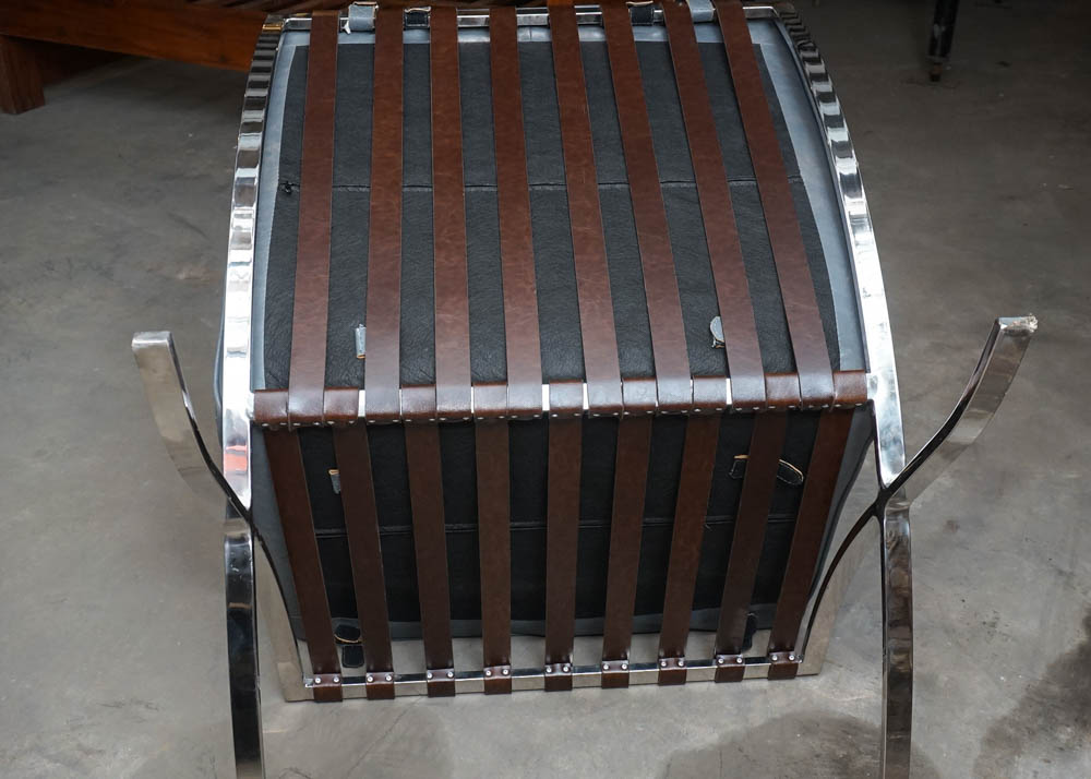 Blue Full Grain Leather Barcelona Style Chair With Ottoman