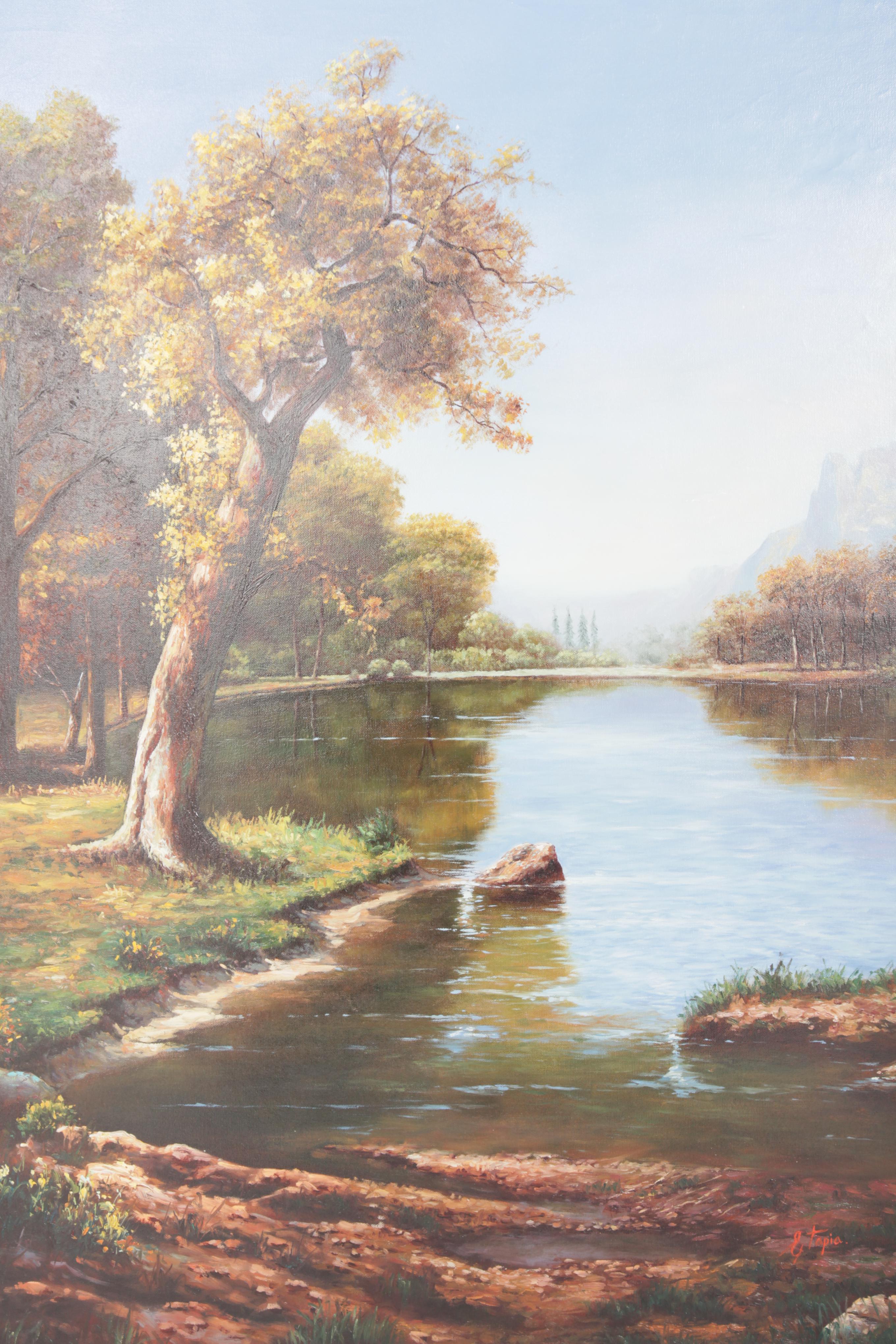 E. Tapia Signed Oil Painting on Canvas of Lake