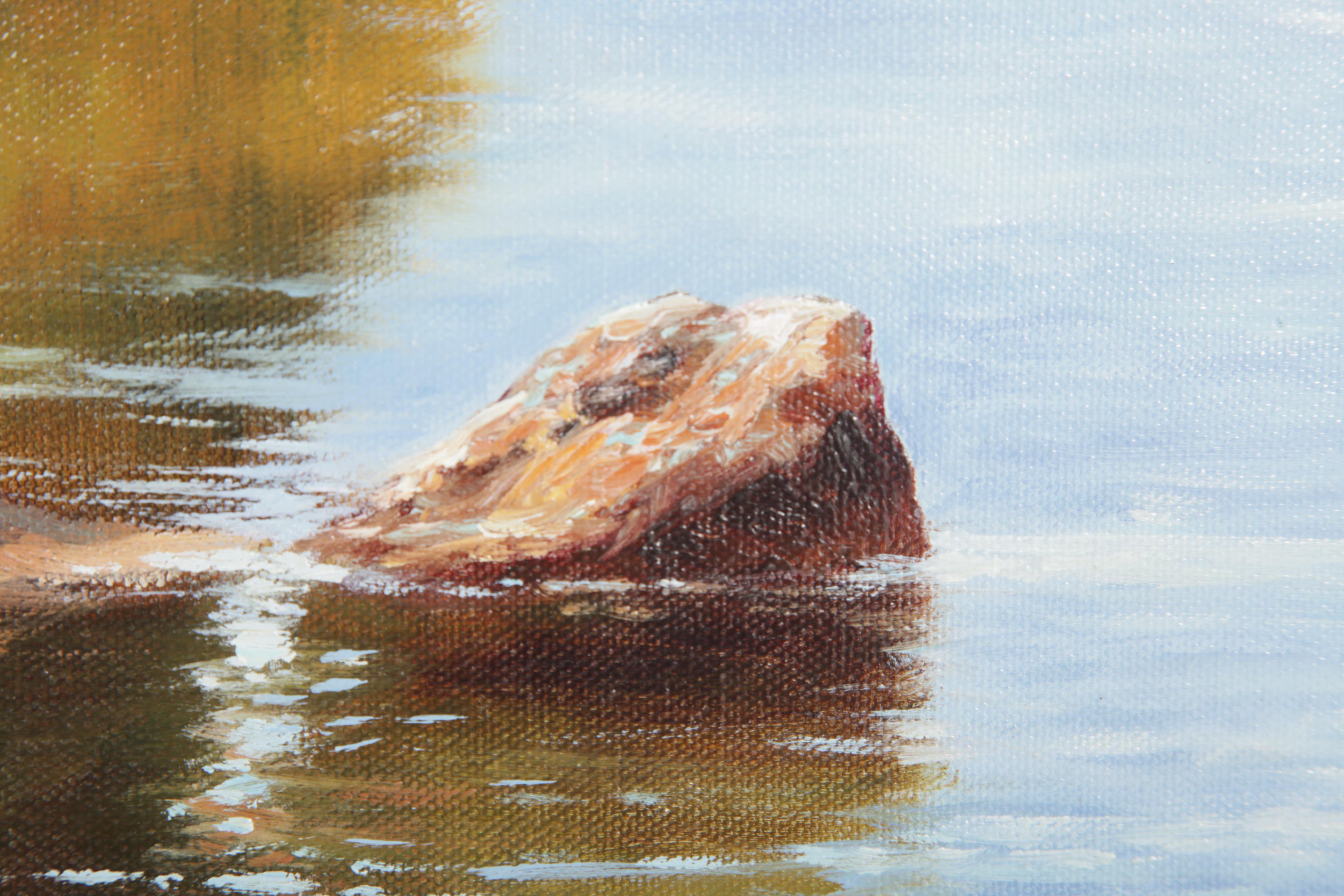 E. Tapia Signed Oil Painting on Canvas of Lake