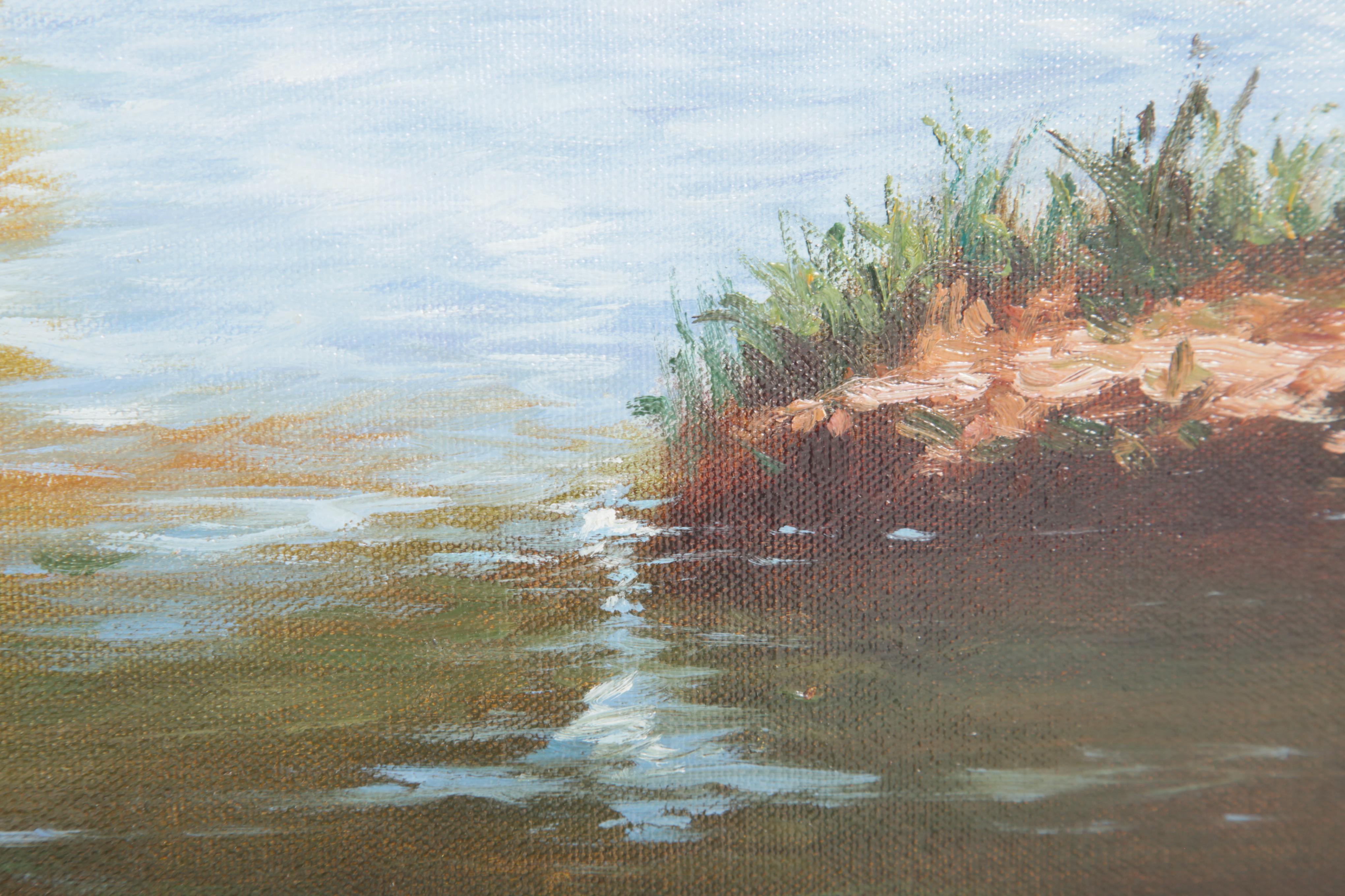 E. Tapia Signed Oil Painting on Canvas of Lake