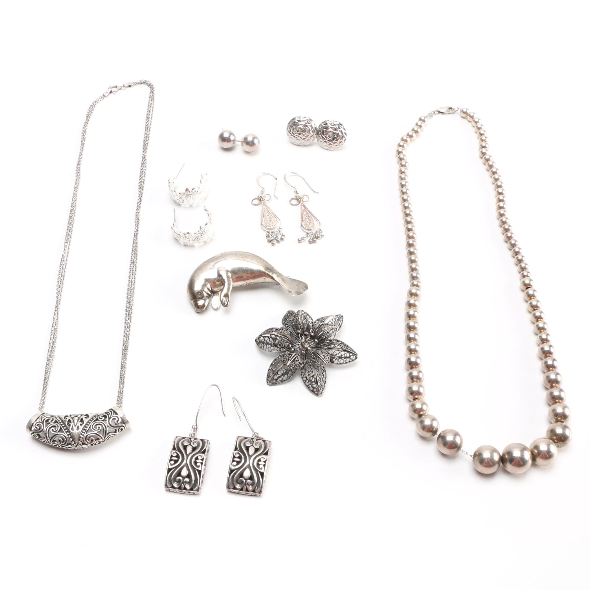 Sterling Silver Jewelry Including Manatee Brooch