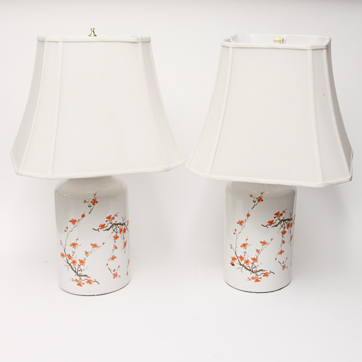 Pair of White Ceramic "Cherry Blossom" Table Lamps