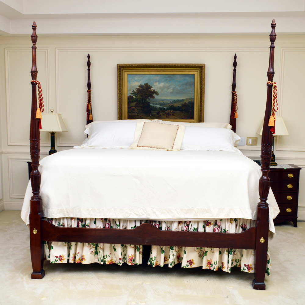 King Size Four Poster Mahogany Rice Bed and Step Stool