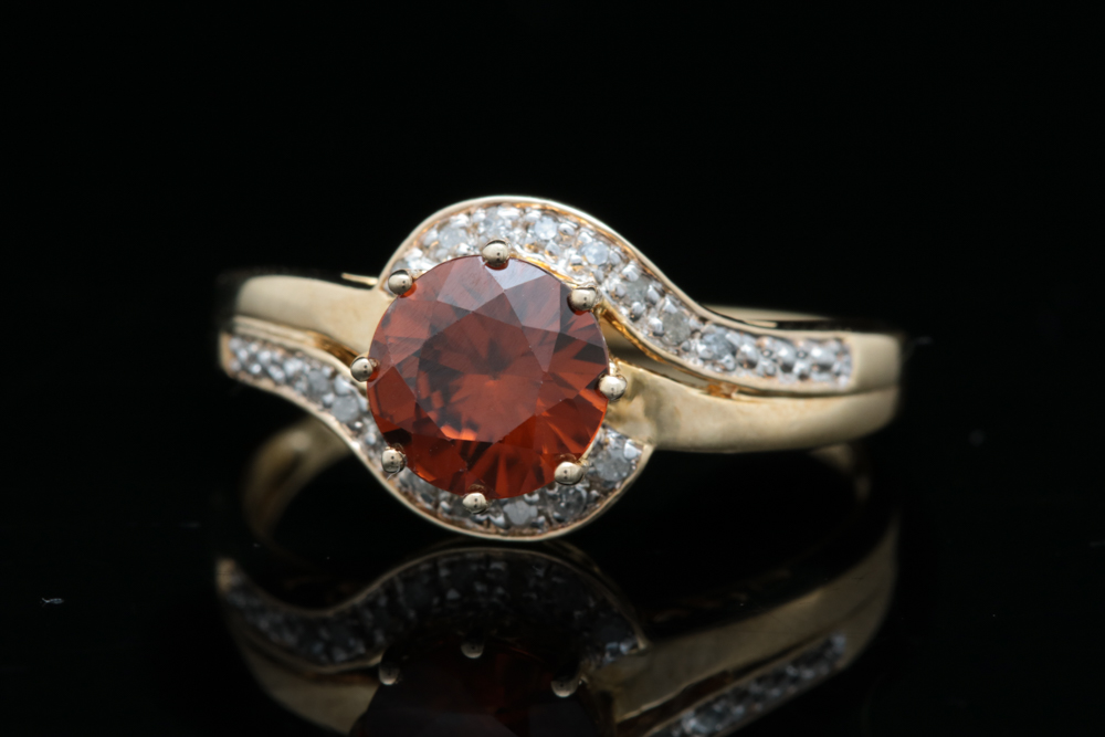 Gold Plated Sterling Silver, Orange Zircon and Diamond Ring