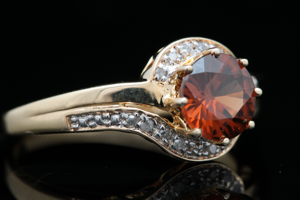 Gold Plated Sterling Silver, Orange Zircon and Diamond Ring