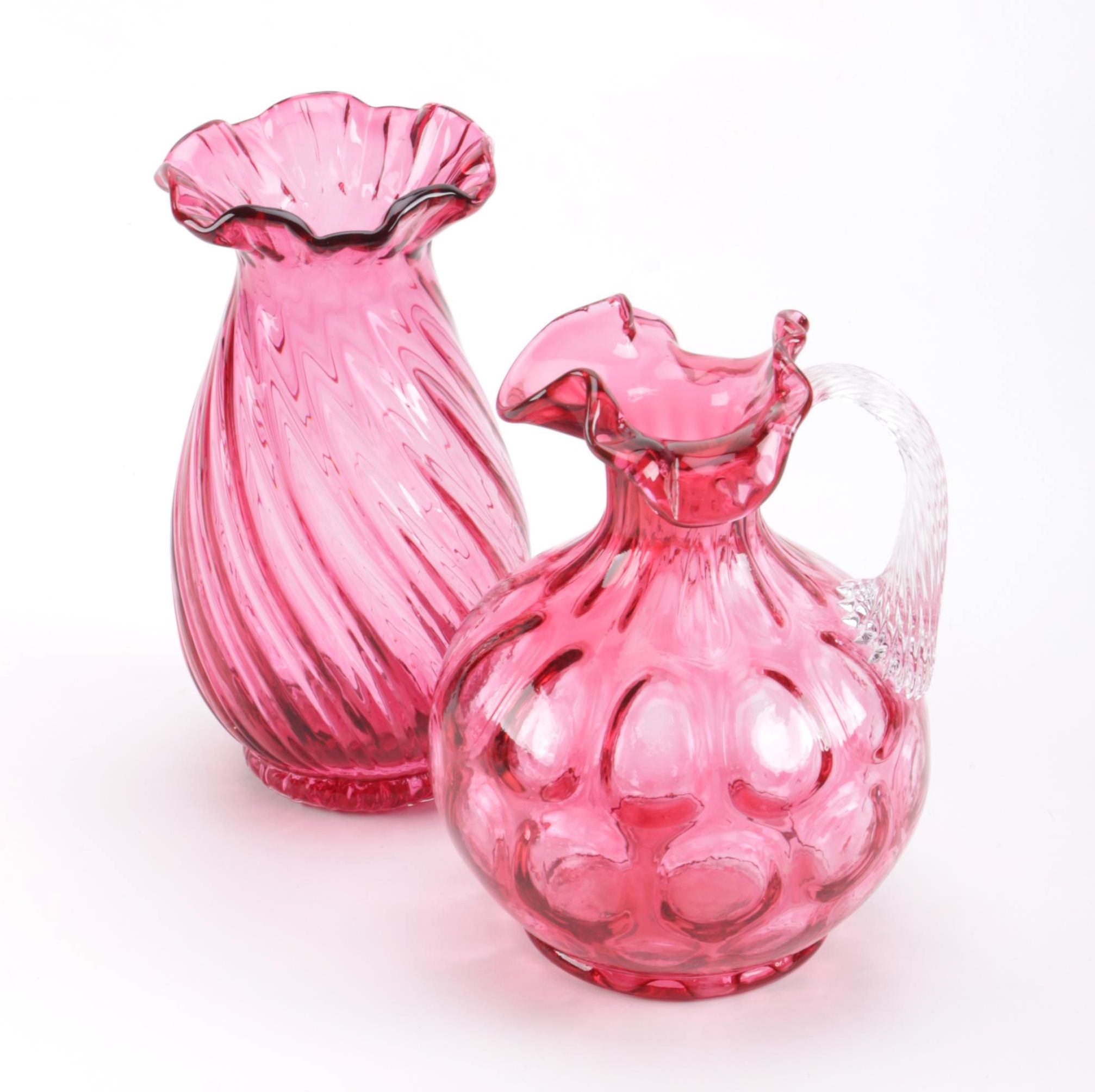 Fenton "Thumbprint" Cranberry Glass Pitcher and Glass Vase