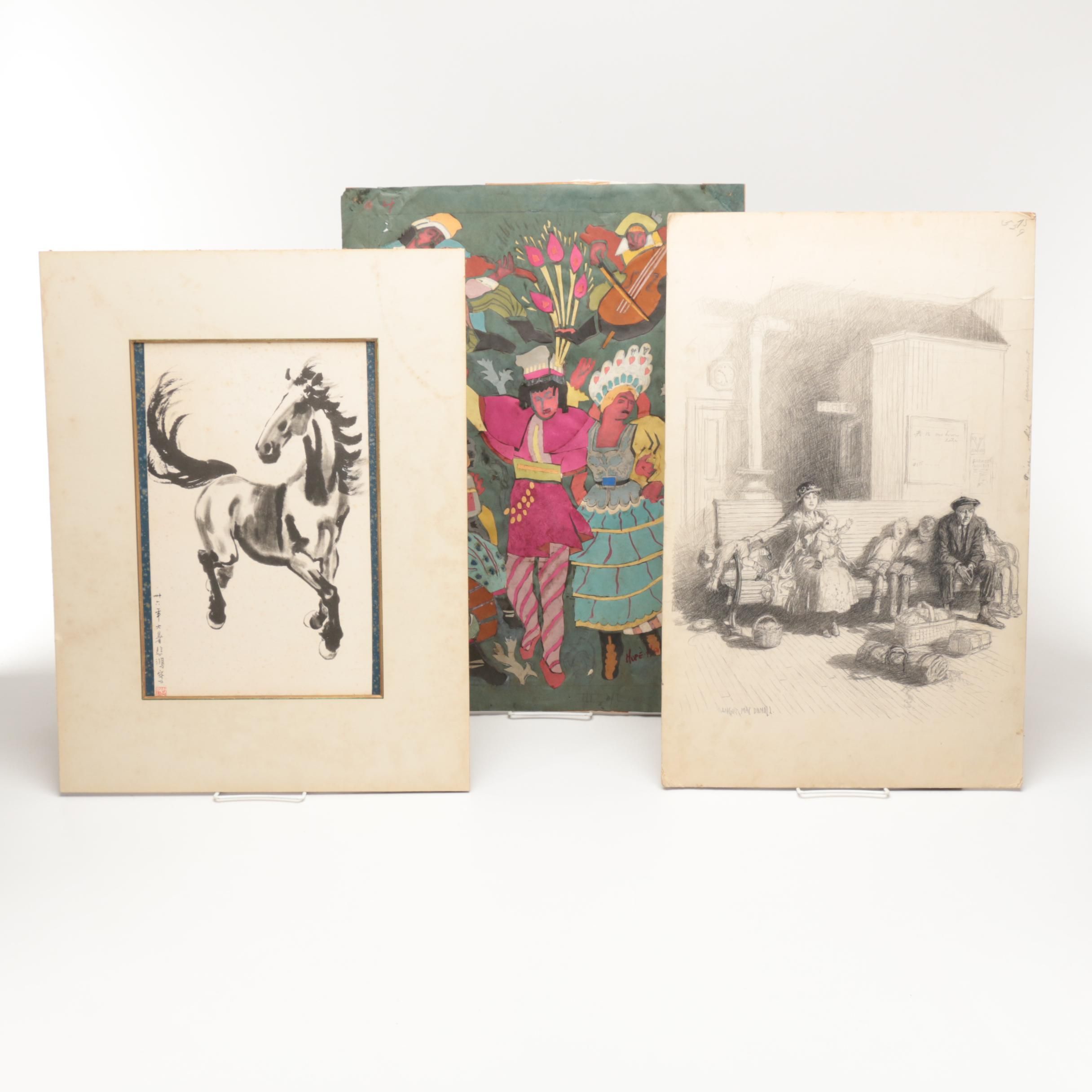 One Lithograph Print, One Graphite Drawing, and One Paper Collage