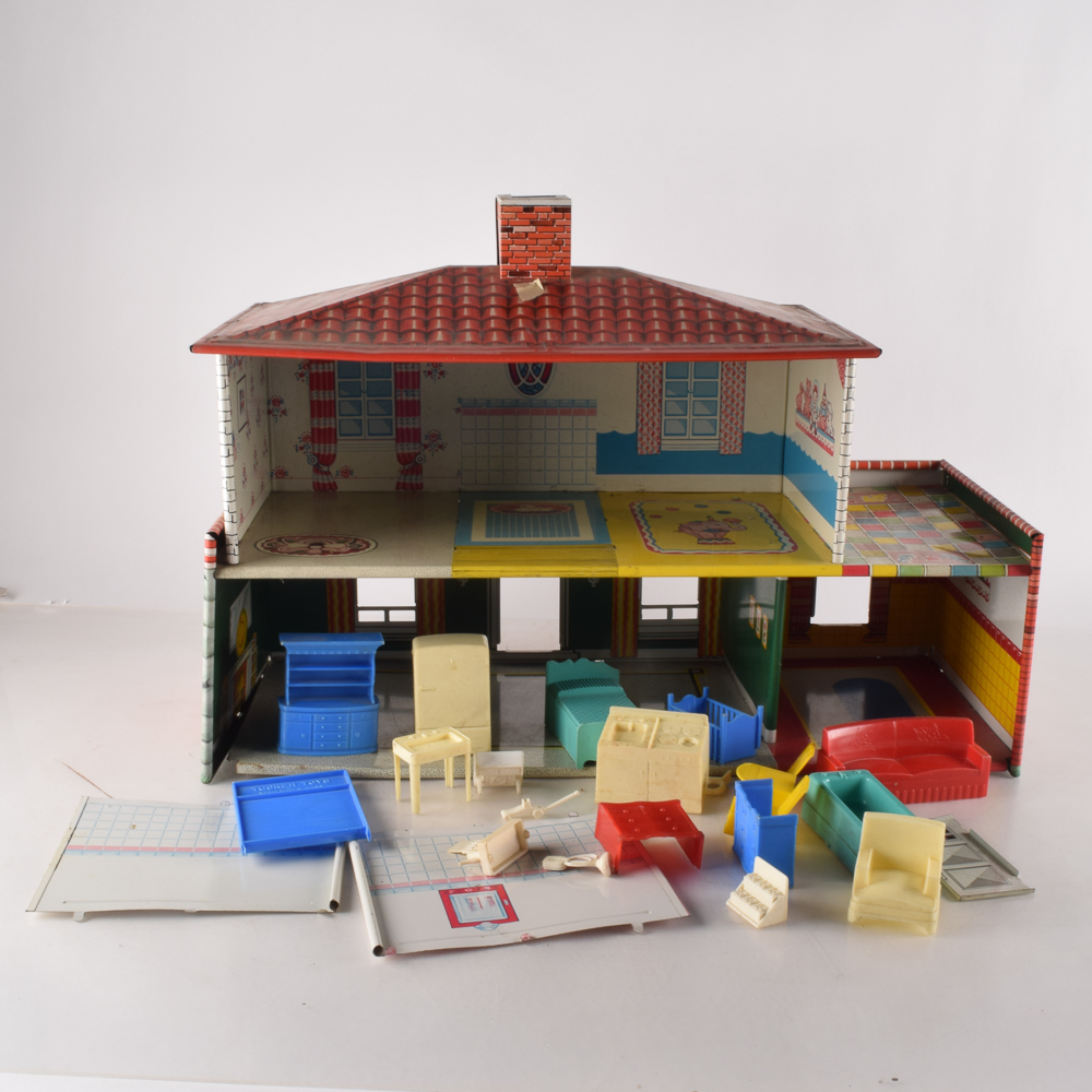 Vintage Metal Doll House with Plastic Furniture EBTH