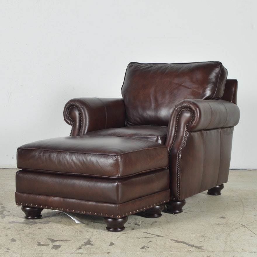 Havertys Furniture Brown Leather Armchair with Ottoman
