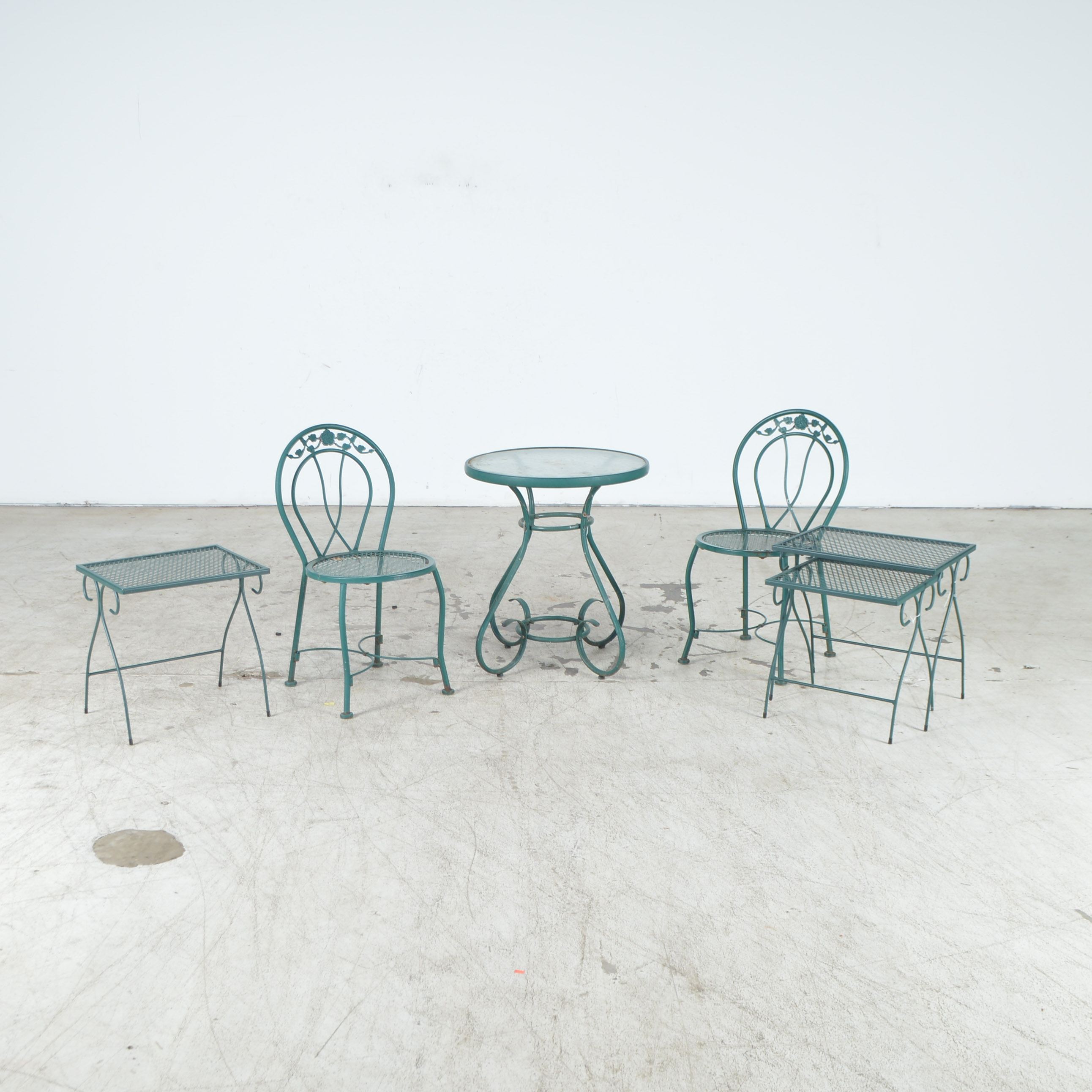 Green Metal and Glass Patio Table with Chairs
