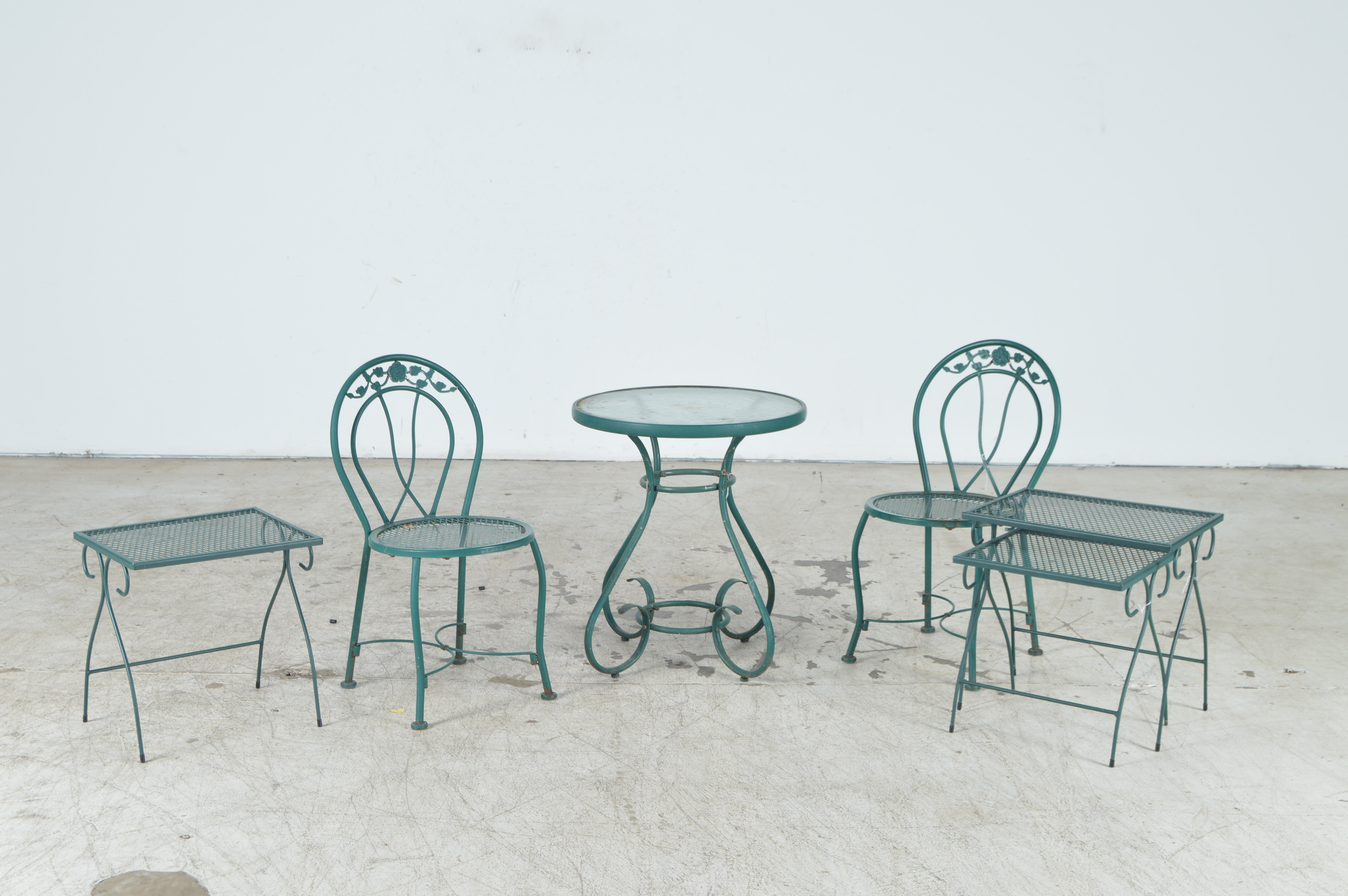 Green Metal and Glass Patio Table with Chairs