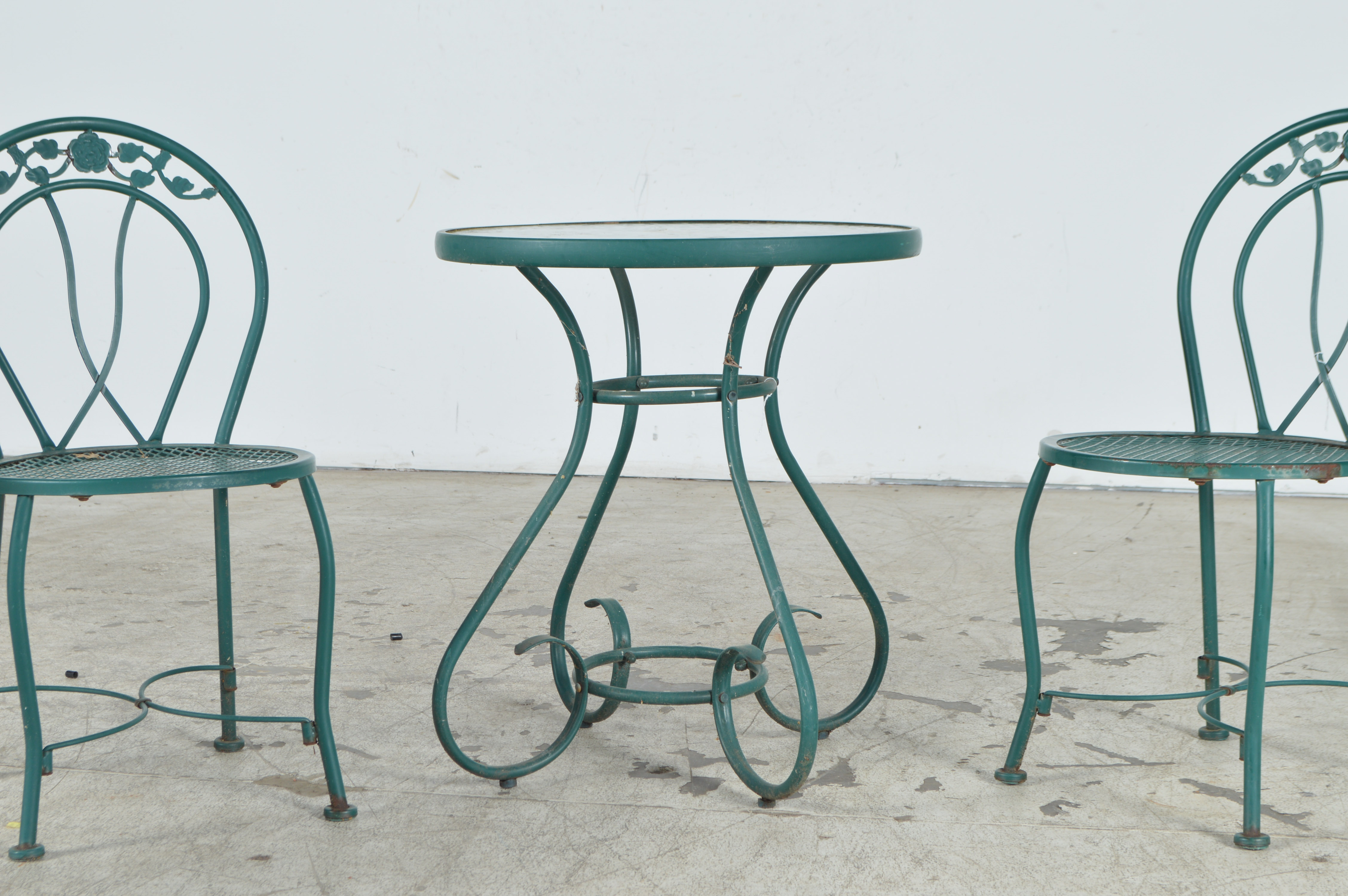 Green Metal and Glass Patio Table with Chairs