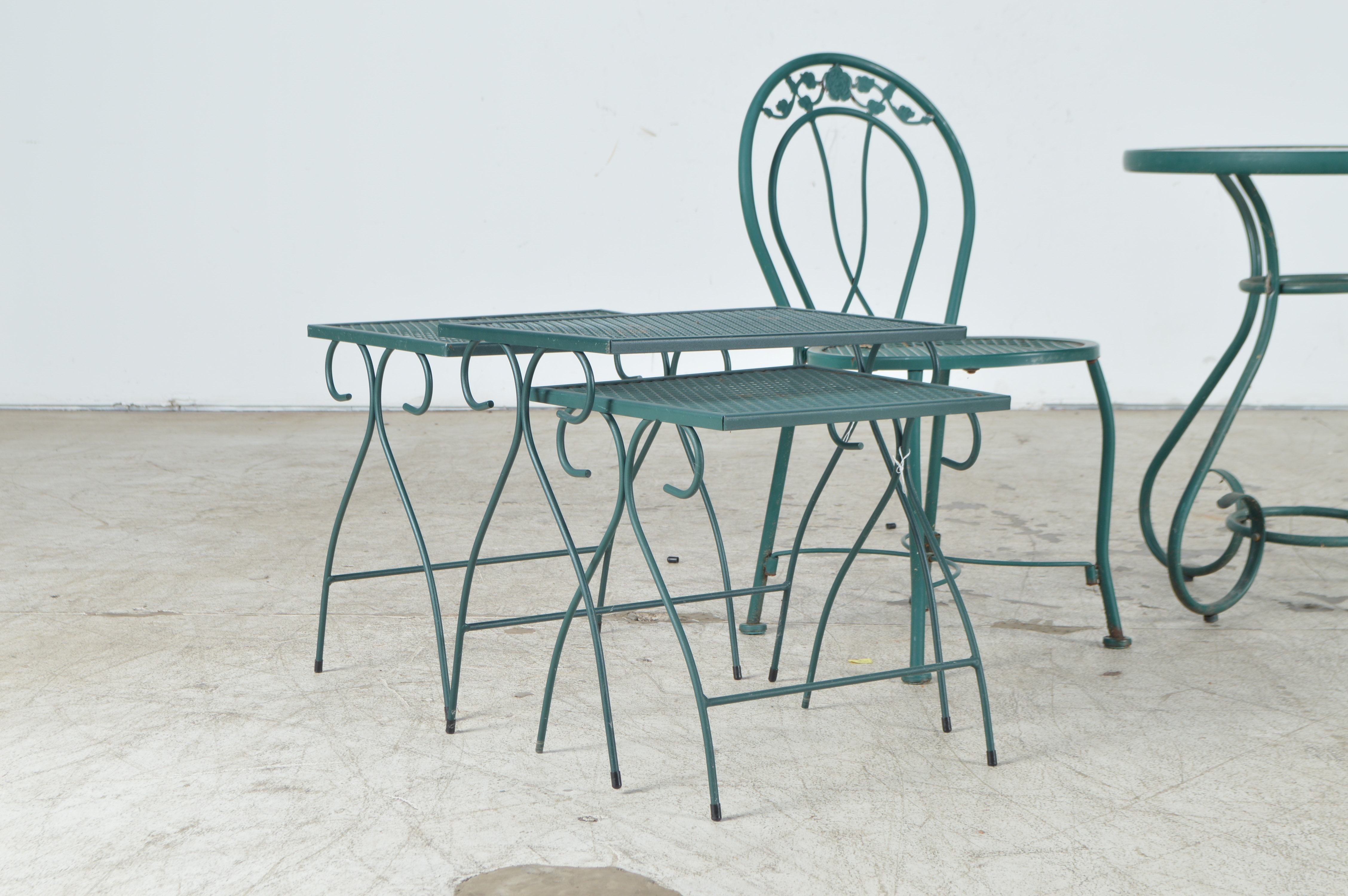 Green Metal and Glass Patio Table with Chairs