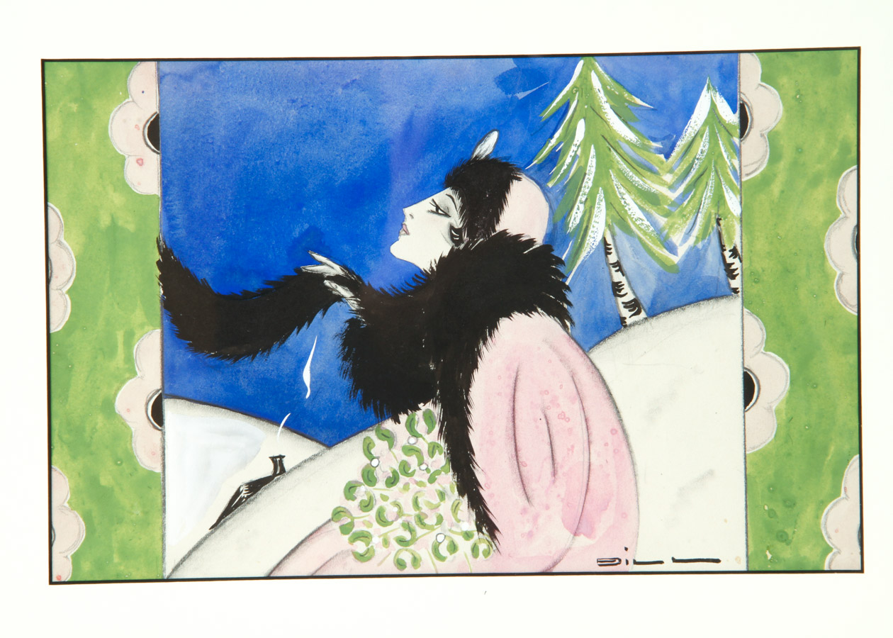 Gill Art Deco Style Watercolor, Pen and Pencil Drawing