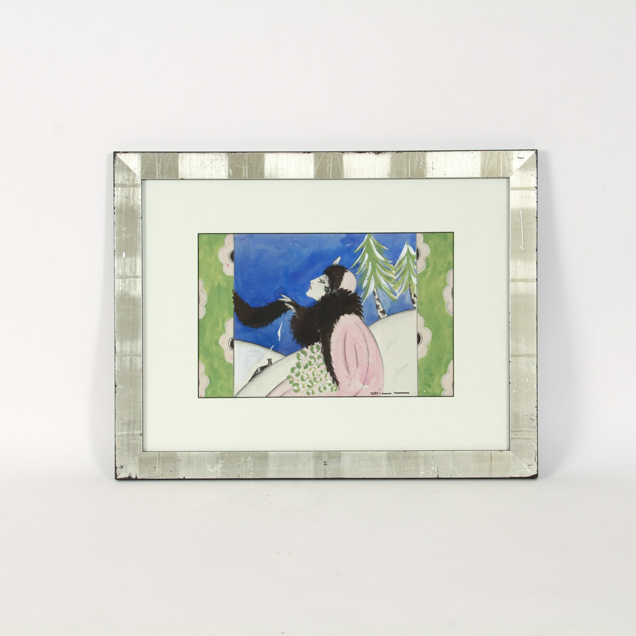 Gill Art Deco Style Watercolor, Pen and Pencil Drawing