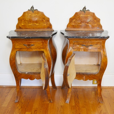 Pair of Antique Italian Louis XV Style Bombe End Tables