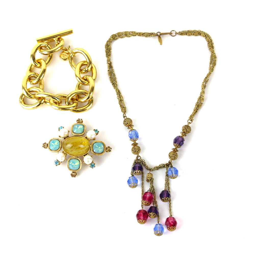 Gold Tone Costume Jewelry Including Ben-Amun, Miriam Haskell, and Yosca
