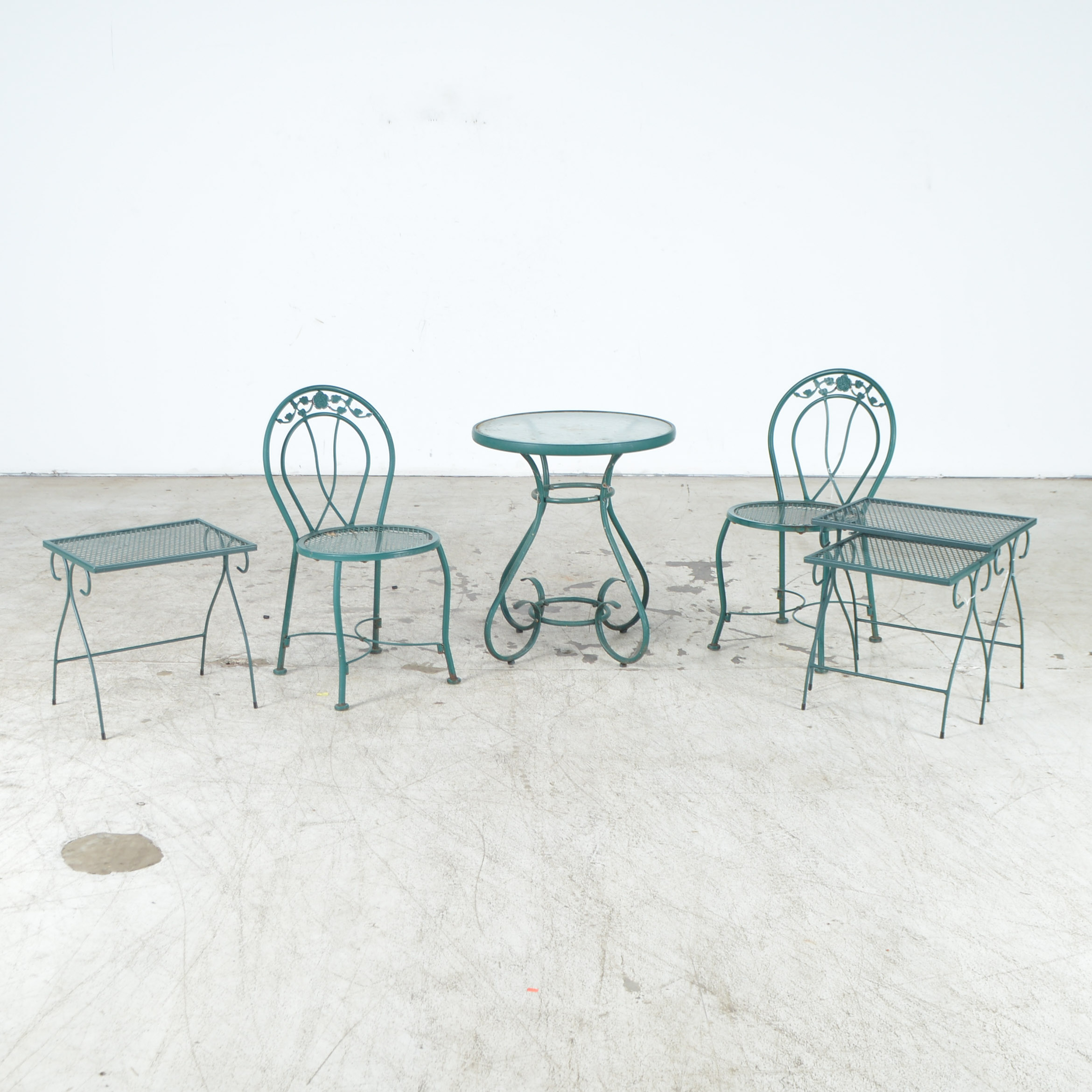 Green Metal and Glass Patio Table with Chairs