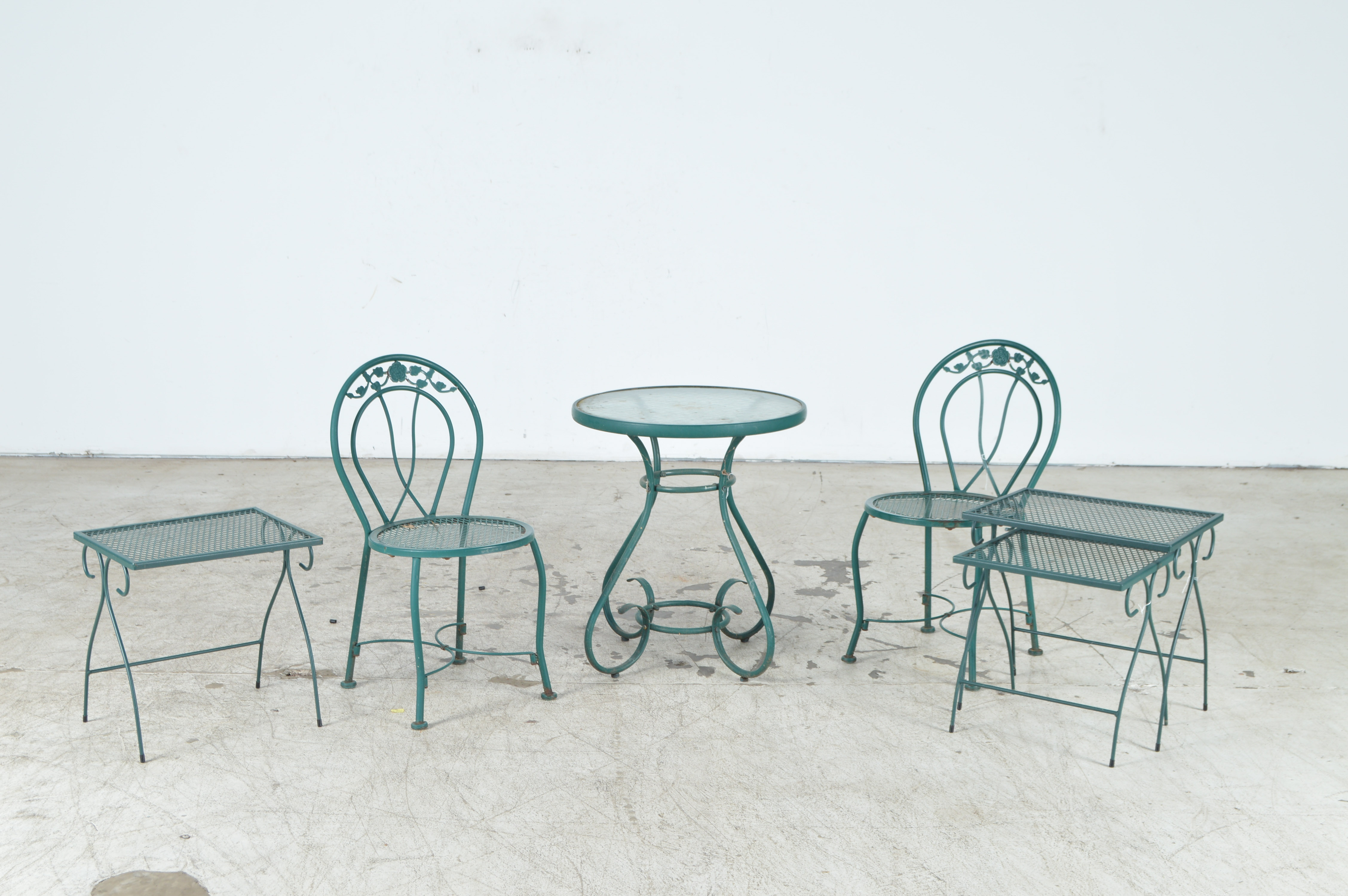 Green Metal and Glass Patio Table with Chairs