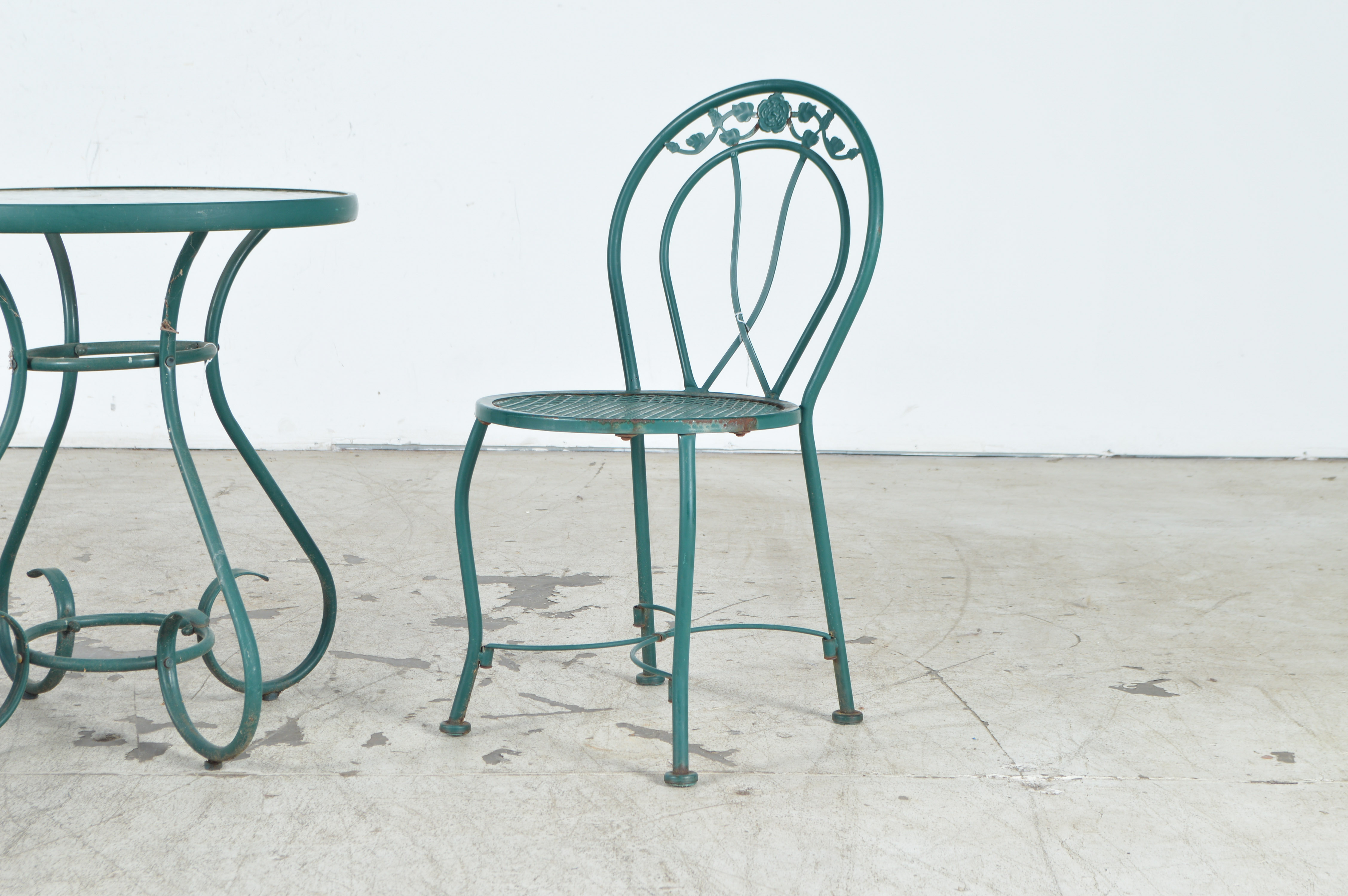 Green Metal and Glass Patio Table with Chairs