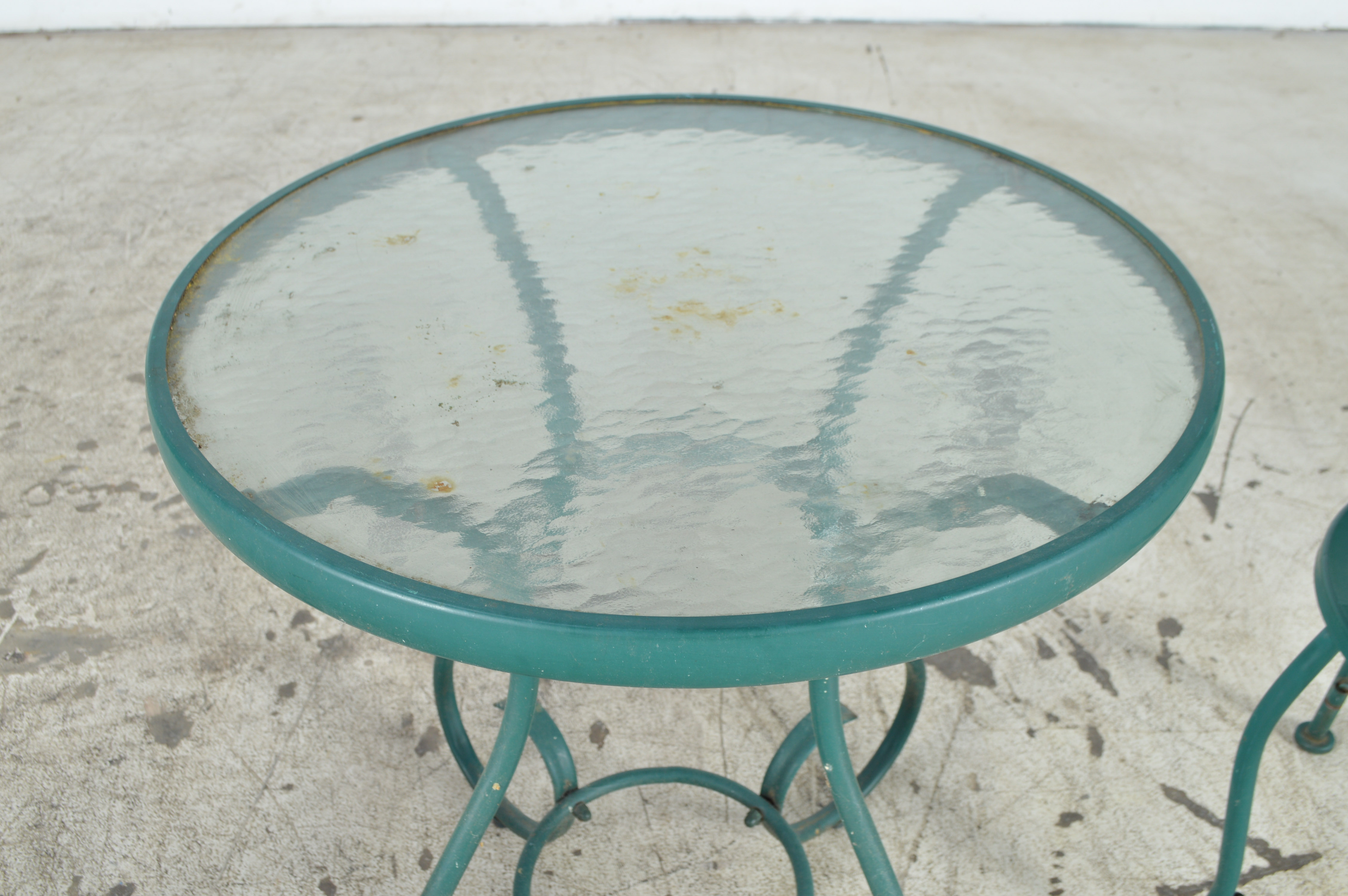 Green Metal and Glass Patio Table with Chairs
