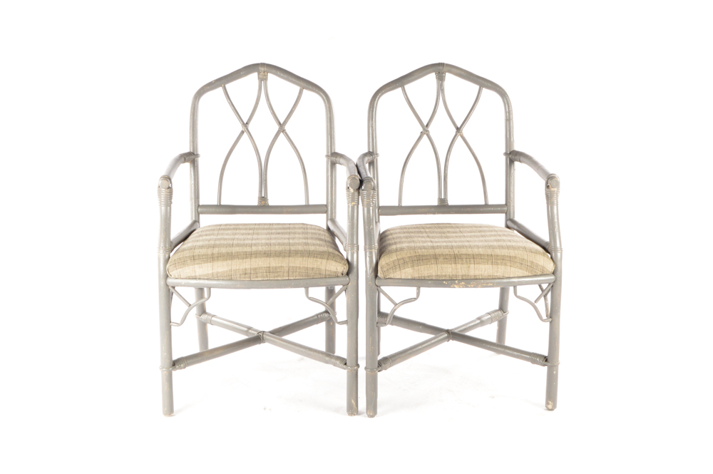 Vintage Rattan Upholstered Accent Arm Chairs