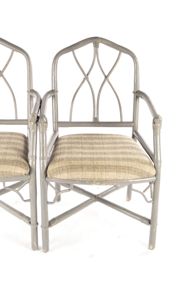 Vintage Rattan Upholstered Accent Arm Chairs
