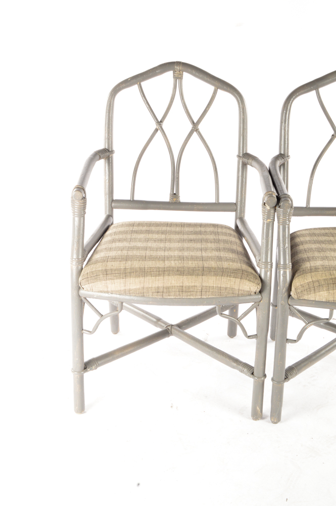 Vintage Rattan Upholstered Accent Arm Chairs